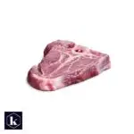 Wildzwijnskarbona(a)de, rauwe karbonade met bot, vrijstaand als productfoto.