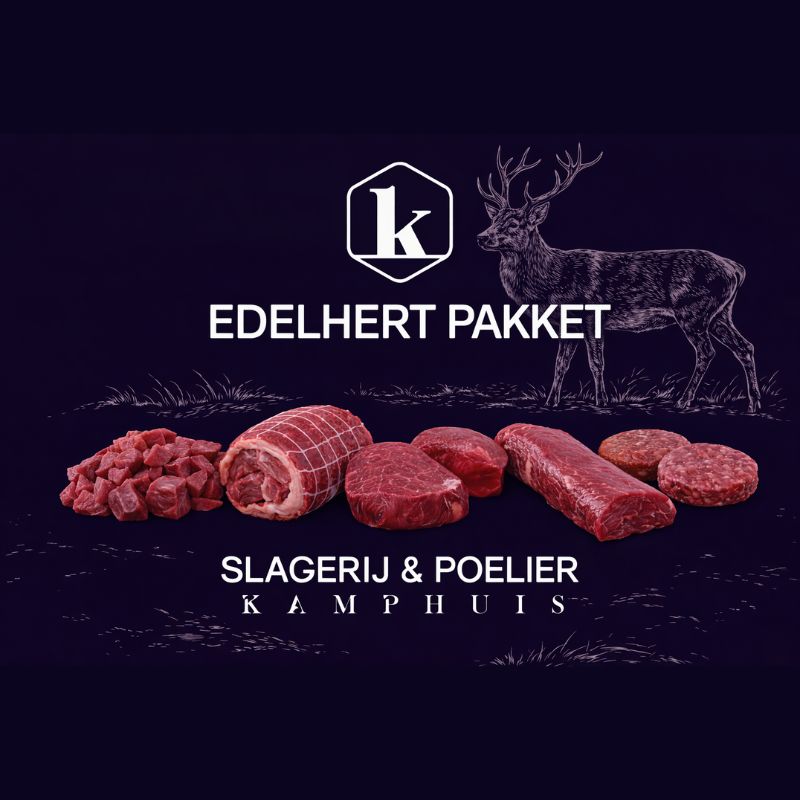 Productafbeelding van het Edelhert pakket met hert-illustratie op donkere achtergrond en vier hertproducten.