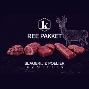 Productafbeelding van het Ree pakket met ree-illustratie op donkere achtergrond en vijf stukken ree-vlees.