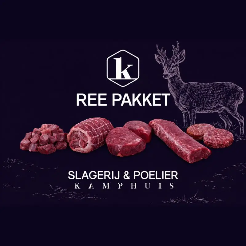 Productafbeelding van het Ree pakket met ree-illustratie op donkere achtergrond en vijf stukken ree-vlees.