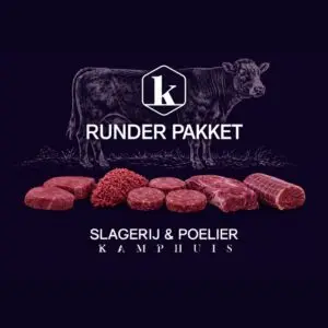 Productafbeelding van het Runder pakket met koe-illustratie op donkere achtergrond en vijf rundvleesproducten.