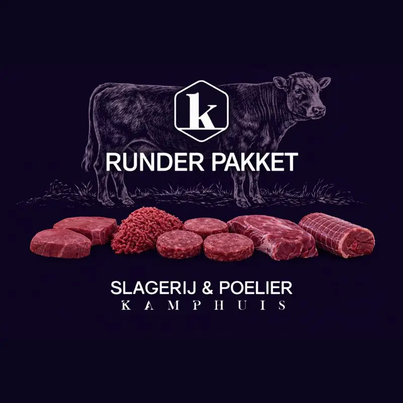 Productafbeelding van het Runder pakket met koe-illustratie op donkere achtergrond en vijf rundvleesproducten.