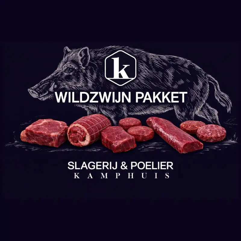 Productafbeelding van het Wildzwijn pakket met zwijn-illustratie over de achtergrond en vijf stukken wildzwijnvlees.